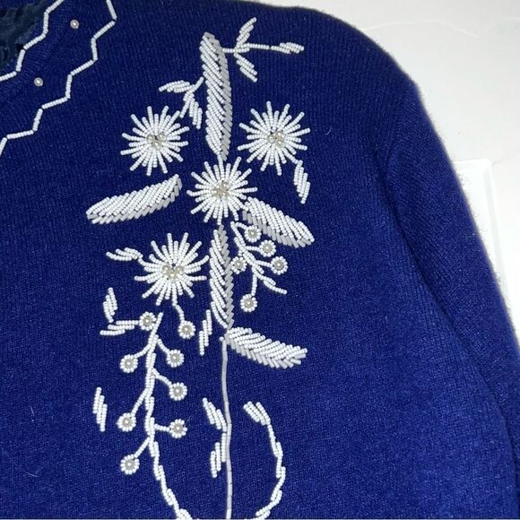Vtg Cardigan Beaded Floral Navy Blue White Hand Made Cottagecore Lined Jacket M - Picture 3 of 15